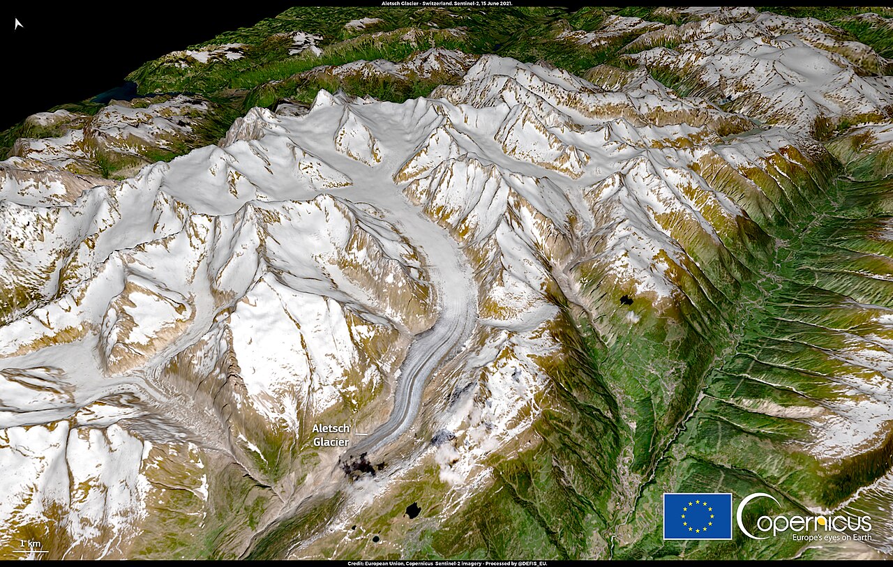 Satellite view of the Aletsch Glacier under climate stress — the kind of physical-risk evidence climate portfolio models try to summarise.